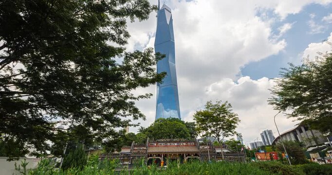 Kuala Lumpur, Malaysia &ndash; September 8, 2025: Time-lapse view of Merdeka 118 tower with fast-moving clouds and shifting light, highlighting Malaysia&rsquo;s modern skyline second tallest building in the world