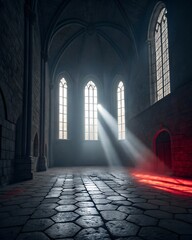 Sunlight streams through tall arched windows into an old stone hall, creating dramatic light rays and a mysterious red glow.