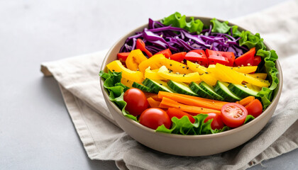 A vibrant and colorful salad bowl filled with fresh vegetables, arranged artistically.