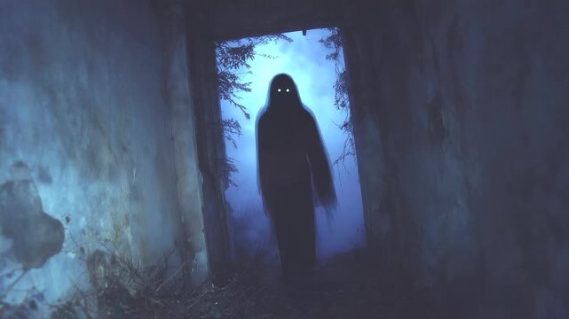 Shadowy figure at end of long abandoned corridor. halloween horror, shadow, corrido