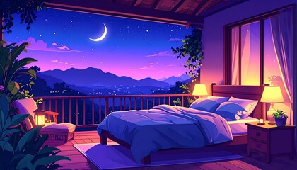 Night bedroom with mountain view