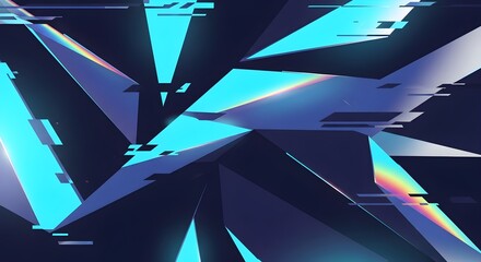 Abstract geometric shards with vibrant cyan blue and rainbow light effects on a dark