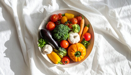 Overhead shot of a white bowl filled with a colorful assortment of fresh vegetables, arranged on a white cloth.