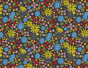 Seamless pattern with colorful flowers blue cyan yellow red pink in black coal background