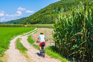 Female tourist biker riding on beautiful cycling rural road, Roztocze region, Poland