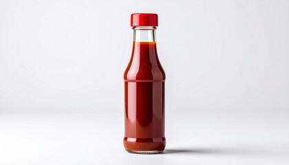 A clear glass bottle filled with a vibrant red sauce, topped with a red cap.