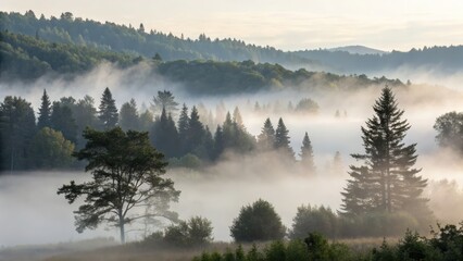 Misty morning landscape with vibrant green and soft gray tones