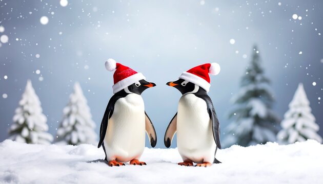 Two penguins in red Christmas hats stand on snowy landscape, snowy background with fir trees