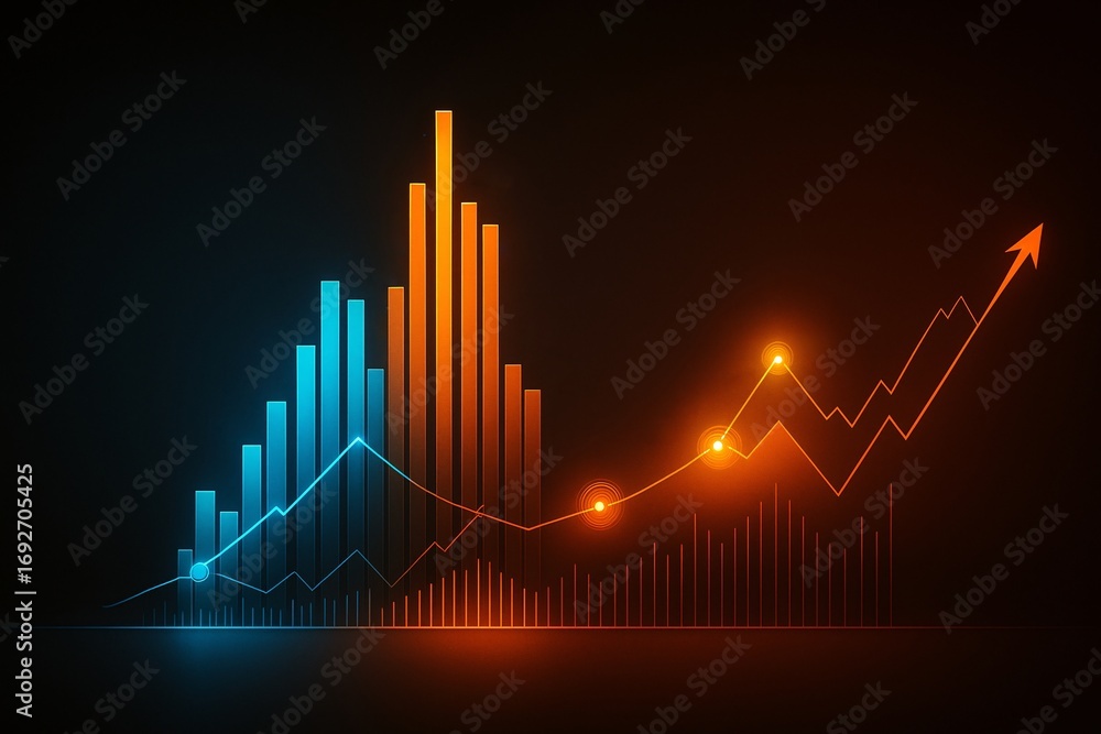 Poster abstract financial bar chart and line graph with a glowing arrow pointing up. concept of stock marke