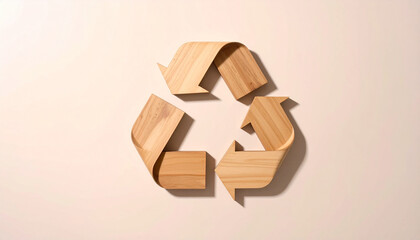 Wooden recycling symbol on a light beige background, representing sustainability and environmental consciousness.