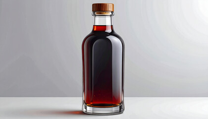 A clear glass bottle filled with a dark liquid, sealed with a wooden cork.