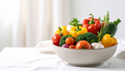 A vibrant bowl overflowing with a colorful assortment of fresh, healthy vegetables, ready to eat.