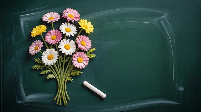 Bouquet of daisies on a chalkboard, a symbol of appreciation for teachers on teachers day