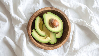 Close-up shot of a wooden bowl filled with sliced avocado on a white cloth.
