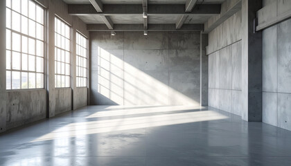Empty industrial interior with large windows, concrete walls, and a polished floor, bathed in sunlight.