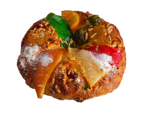 Portugal. Typical Portuguese Christmas cake known as Bolo Rei - King's Cake. Eaten throughout the Christmas holidays, but traditionally on the twelfth day of Christmas. Isolated on white.