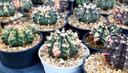 Close-up of multiple potted succulents