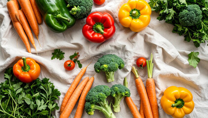 Overhead shot of various fresh vegetables arranged on a white cloth, showcasing vibrant colors.