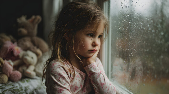 Little Girl's Daydream: A tender moment captured as a small girl, gazes wistfully out a rain-streaked window, lost in a world of imagination.