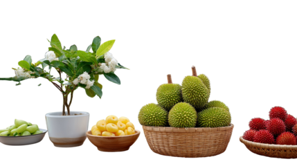A Colorful Bounty of Nature's Sweetness: A vibrant still life showcases an array of fresh fruits and a flowering plant, arranged in aesthetically pleasing bowls and baskets.