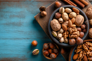 Overhead view of assorted nuts and cinnamon sticks on a rustic b