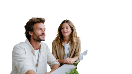 Engaged Dialogue: A man and woman engage in a focused conversation, symbolizing connection and communication, ideal for representing business discussions or collaborative efforts.