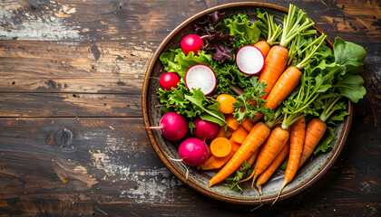 Overhead shot of a ceramic bowl filled with fresh carrots, radishes, and leafy greens.