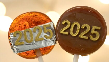 Two caramel lollipops with the year 2025