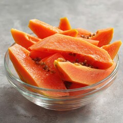 Fresh Papaya Slices in Glass Bowl on Gray Surface, Close-Up