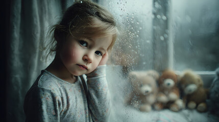 Little Girl's Rainy Day Reverie: A poignant moment captured through the window as a little girl gazes out at the rain, her thoughtful expression framed by a world of cozy toys.