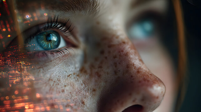 Close-up of a woman's face with digital data reflectons, symbolizing AI-drivencybersecurity analysis, Geerative AI