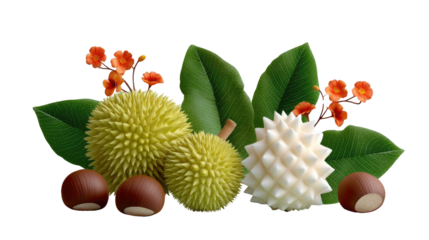 Tropical Fruit Delight: A vibrant, captivating composition showcasing fresh, exotic fruits with lush foliage and blooms, offering a feast for the eyes and hinting at a paradise of flavors.