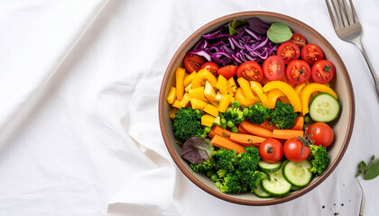 A vibrant and colorful salad bowl filled with fresh vegetables, arranged artfully.