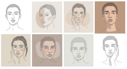 Minimalist portrait illustrations of diverse faces, showcasing a calming and serene aesthetic.
