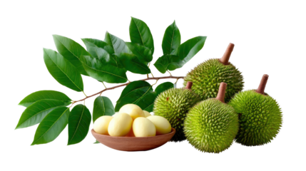 Durian Display: A close-up studio shot showcases the unique textures and vibrant colors of several durians, complemented by fresh green leaves. 
