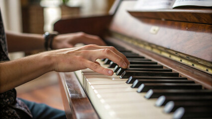 Obraz premium Hands gracefully playing a piano inside a sunlit room during a cozy afternoon