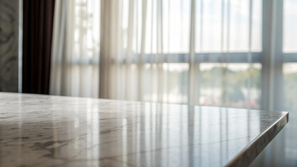 Fototapeta premium Elegant marble table illuminated by natural light in a modern indoor space with sheer curtains