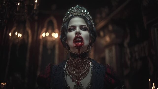 Vampire with bloody mouth in gothic castle. halloween horror, vampire, blood, spooky, eerie, scary