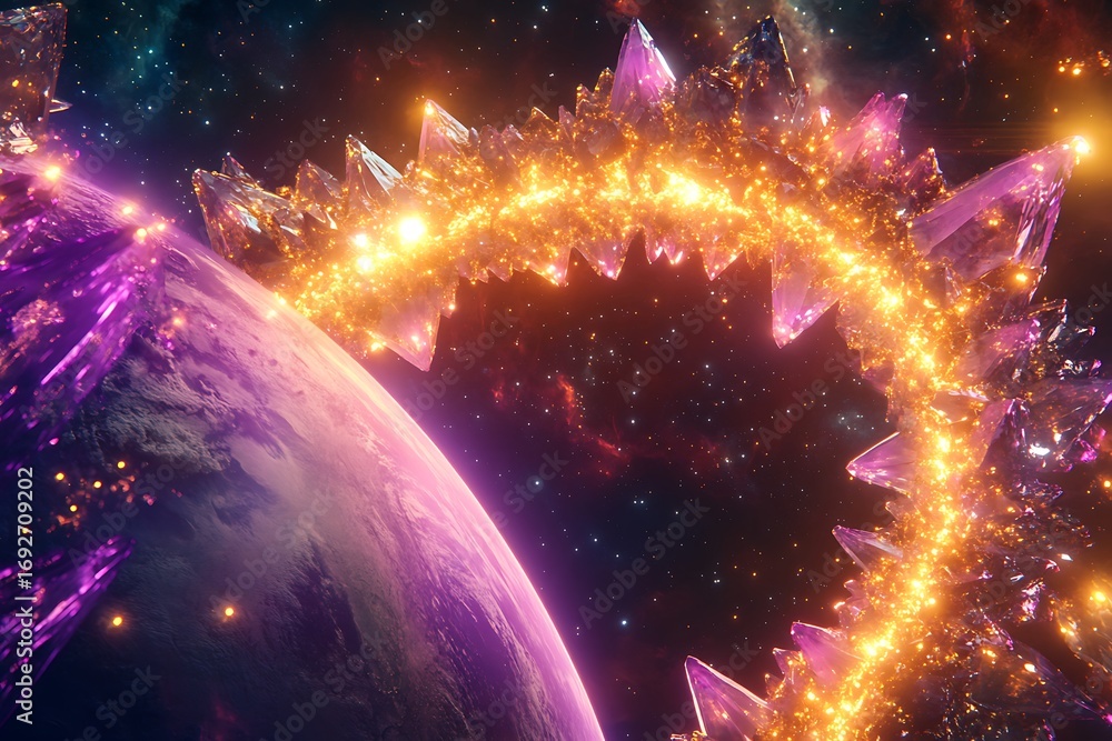Poster planet view with crystal ring and cosmic background in space scene