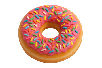 Pink-frosted donut sprinkled with colorful toppings, floating against transparent backdrop