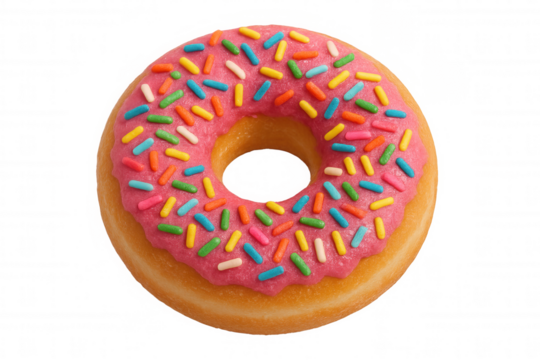 Pink-frosted donut sprinkled with colorful toppings, floating against transparent backdrop
