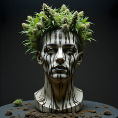 Close up sculpture of a head with cannabis hair and dramatic black paint streaks on its face