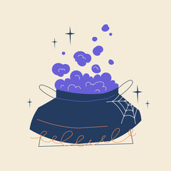 Halloween cauldron with purple magic potion and spider web. Perfect spooky element for party invitations, posters, banners, cards, and seasonal decorations. Vector illustration