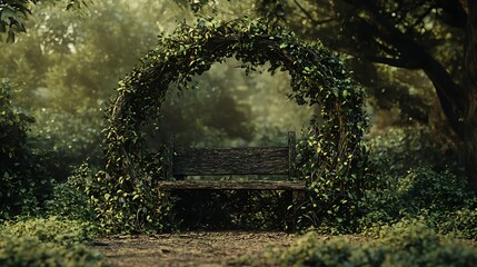 Rustic Wooden Bench Enframed by a Lush, Green Vine Archway in a Serene Forest Setting