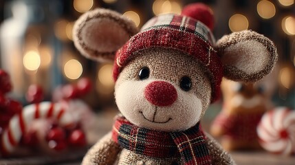 Charming light brown reindeer wearing checkered cap with pom pom and scarf, surrounded by candy canes and festive lights, Christmas holiday concept