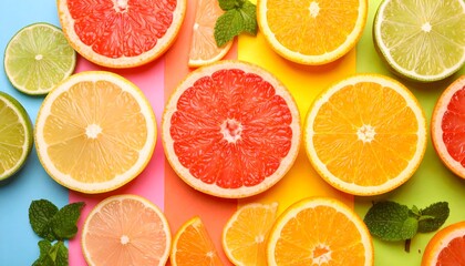 there are many slices of citrus and lime on a colorful background