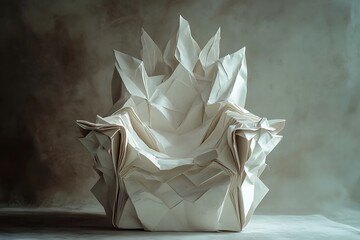 Sculptural Paper Armchair Abstract Geometric Design, White Creased Texture, Artistic Furniture Piece