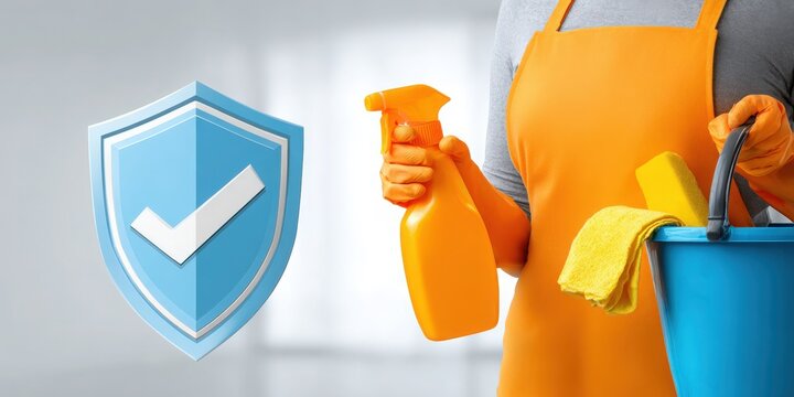 Cleanliness Guardian: A detailed image of a person in uniform of a cleaning service in action, holding cleaning supplies near a security icon, all within a hygienic environment.