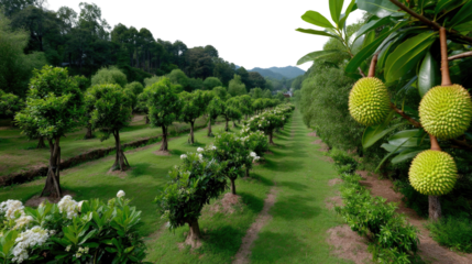Green Orchard: A tranquil orchard setting with lush, green trees, set against a picturesque background of rolling hills under a bright, sunny sky.