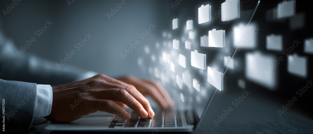 Poster businessman downloading computer files or installingsoftware on a laptop compuer, cloud storage tech